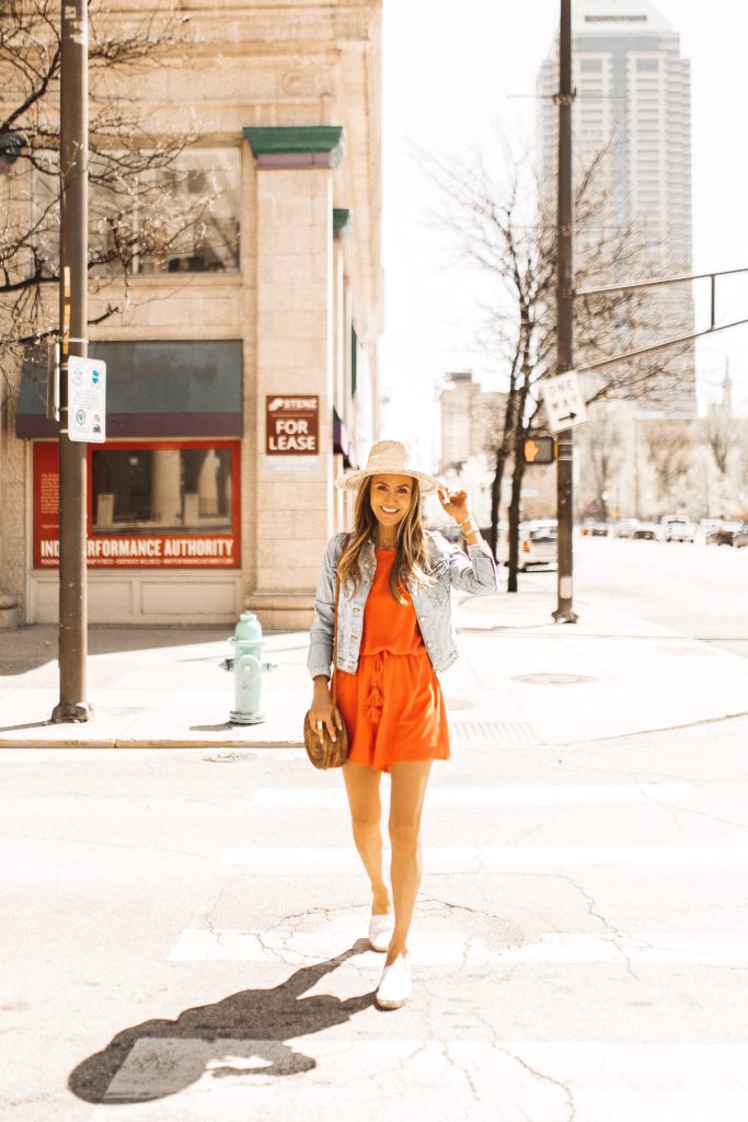 Red romper and jean jacket