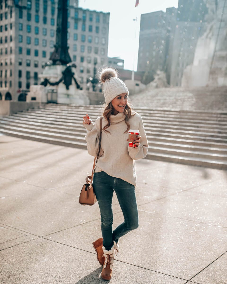 Evereve - Free People Tunic in Taupe, Sorel sherpa boots and Hudson high waist jeans| Casual Winter Looks featured by top Indianapolis fashion blogger, Karina Style Diaries