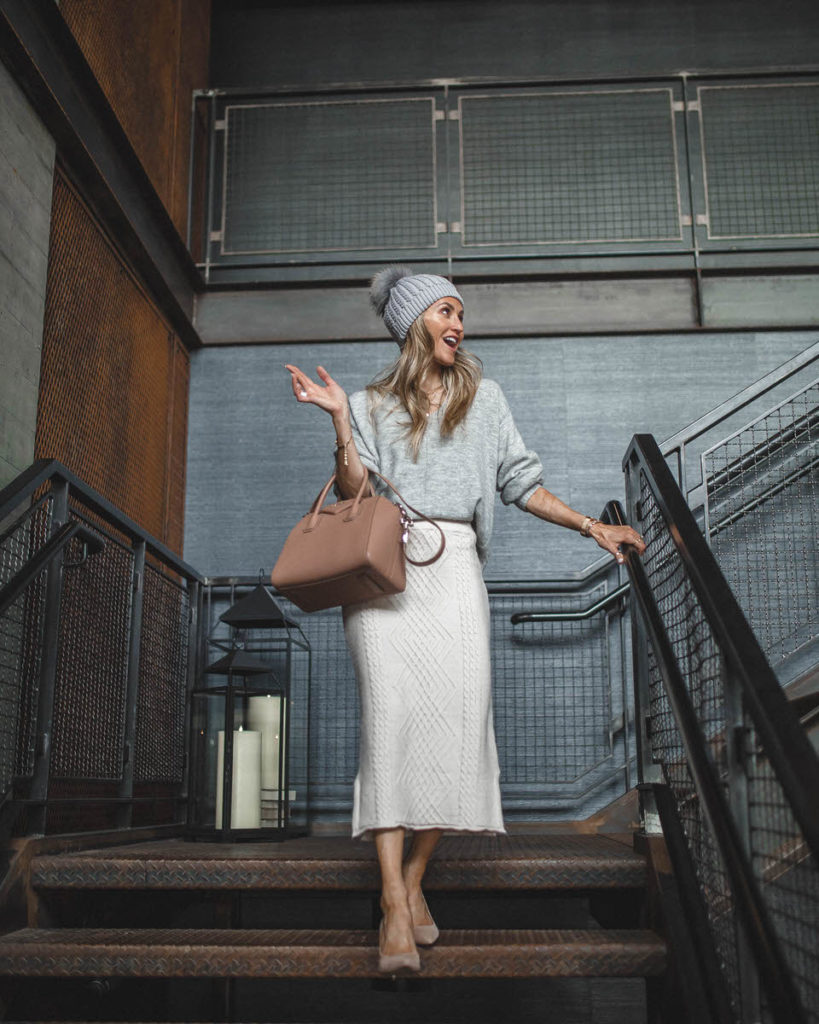 Chicwish cute winter looks featured by top Indianapolis fashion blog, Karina Style Diaries: image of a woman wearing a Chicwish knit skirt, H&M grey sweater, Givenchy Antigona bag and a grey pom pom beanie hat