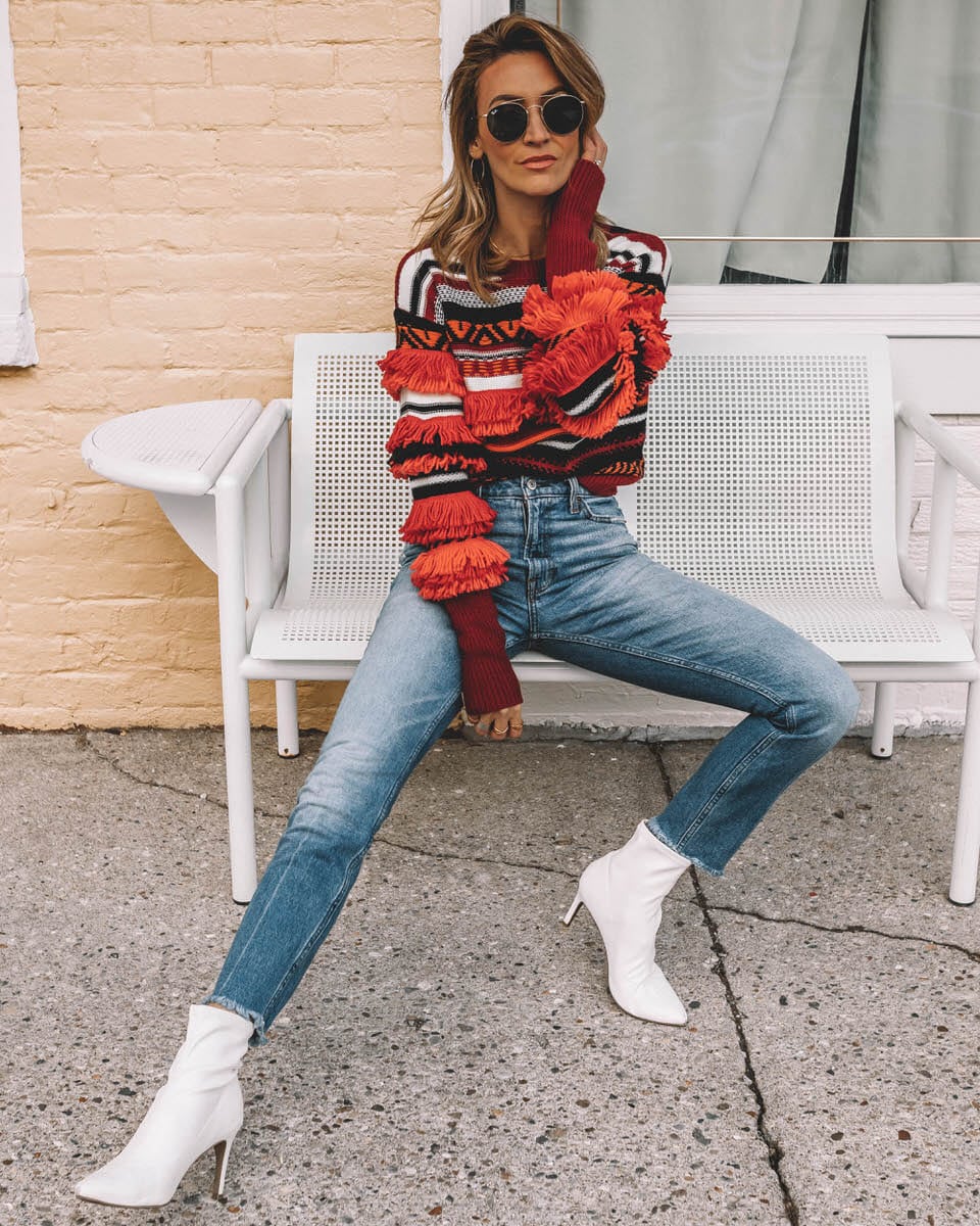 Fashion Blogger Karina Reske | High Rise Mom Jeans | fring sweater | white booties | short hair | Abercrombie High Waisted Jeans On Sale featured by top US fashion blogger, Karina Style Diaries: image of a woman wearing Abercrombie high rise jeans, Saks 5th Avenue Striped Sweater, Target white booties and Ray Ban Aviator sunglasses