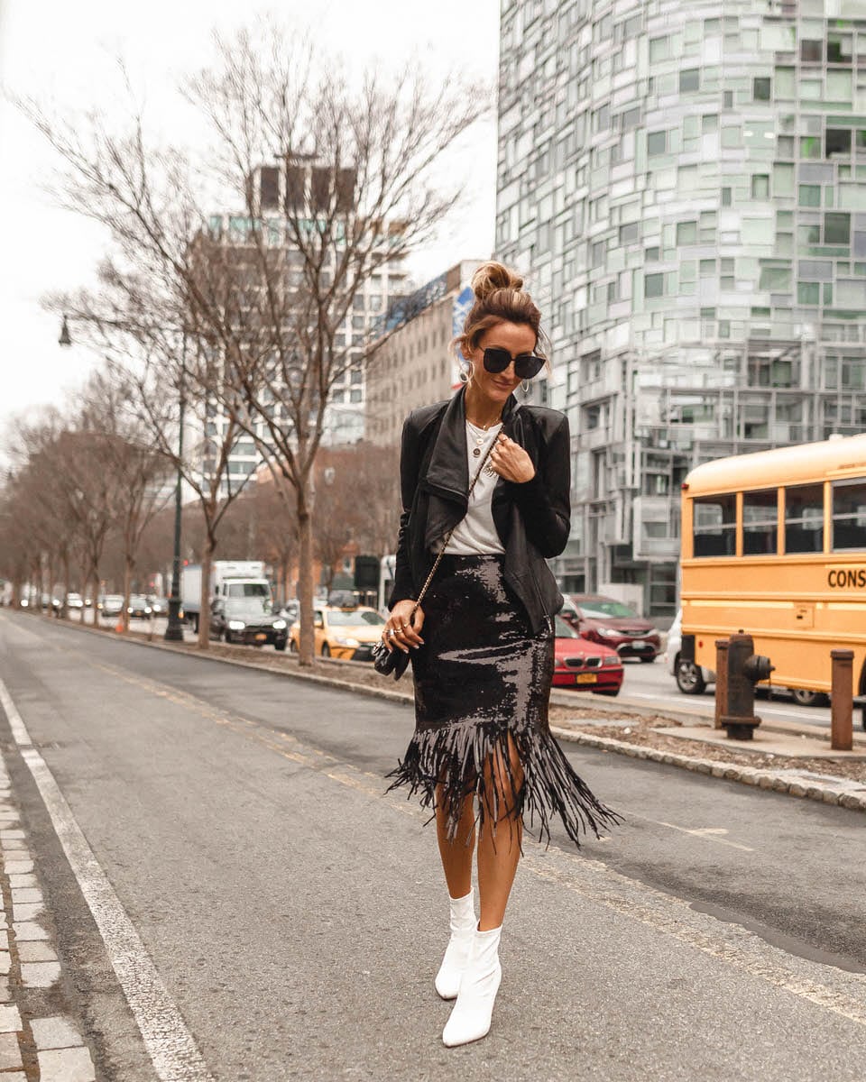 Fashion Blogger Karina Reske | NYFW | fringe sequin skirt | Street Style | Chelsea Pier 59 | NYFW Industria | NYFW Schedule + PR Meet Ups & NYFW outfits featured by top US fashion blogger, Karina Style Diaries: image of a woman wearing a sequin pencil skirt from & Other Stories, Eyelash t-shirt,, Michael Kors faux leather sweater, and Target white booties 