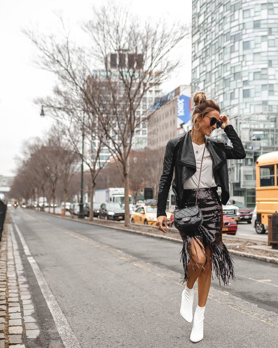 Fashion Blogger Karina Reske | NYFW | fringe sequin skirt | Street Style | Chelsea Pier 59 | NYFW Industria | NYFW Schedule + PR Meet Ups & NYFW outfits featured by top US fashion blogger, Karina Style Diaries: image of a woman wearing a sequin pencil skirt from & Other Stories, Eyelash t-shirt,, Michael Kors faux leather sweater, and Target white booties