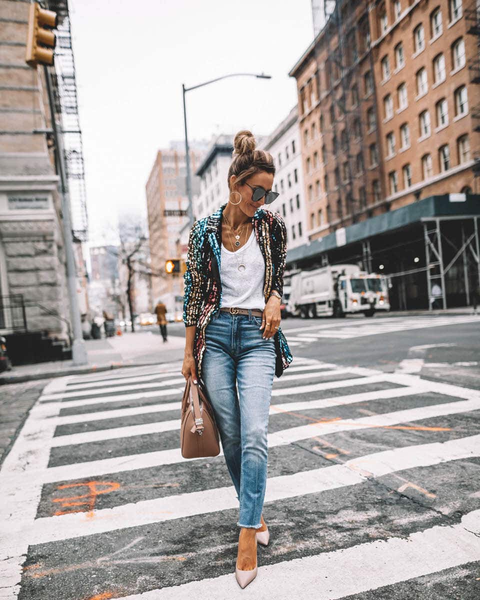 Fashion Blogger Karina Reske | NYFW | Sequin Blazer | NYFW Street Style | mom jeans | NYFW Schedule + PR Meet Ups & NYFW outfits featured by top US fashion blogger, Karina Style Diaries: image of a woman a Vici sequin blazer, Madewell tank, Gucci double G leather belt, Jimmy Choo pumps and a Givenchy antigona bag