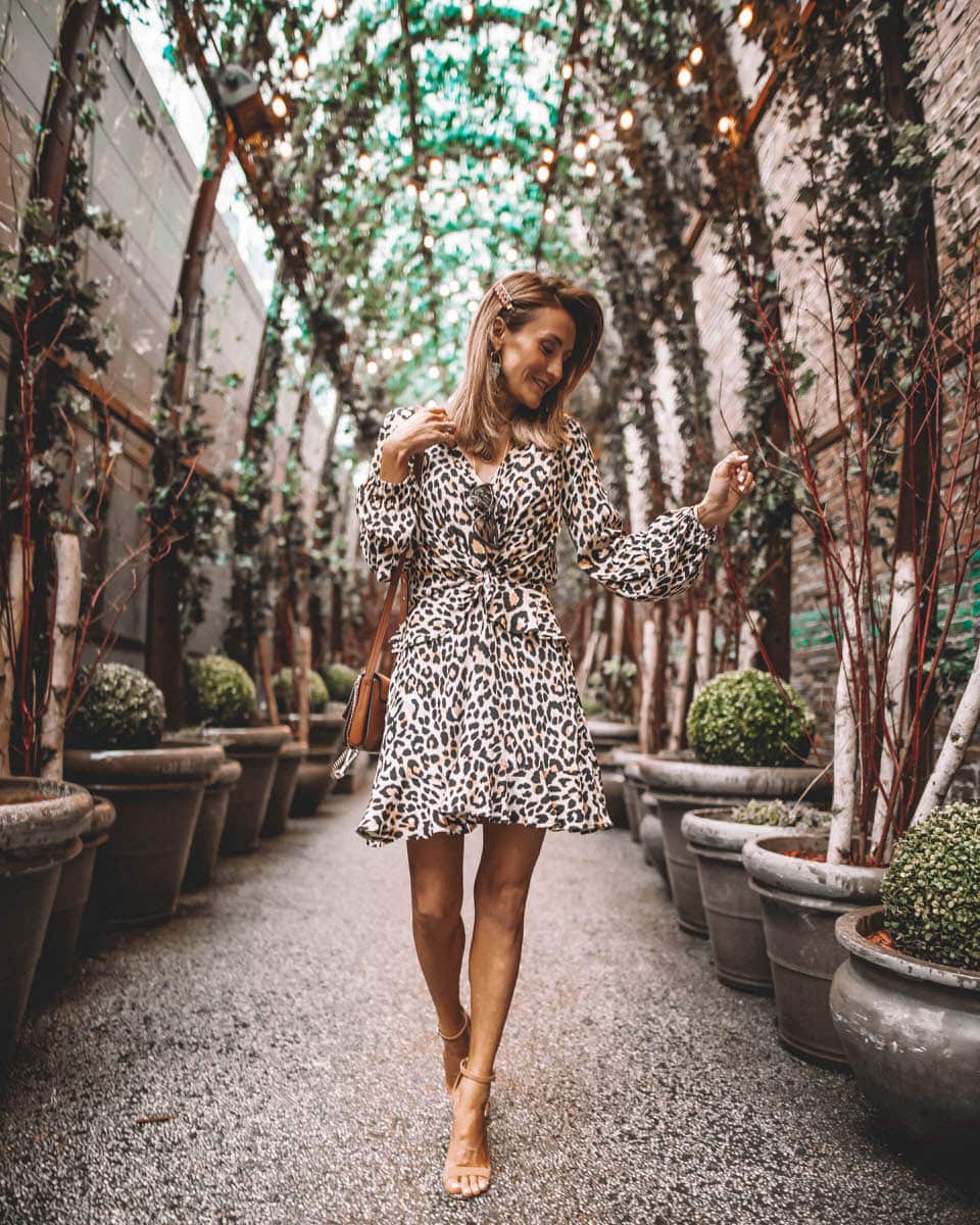 NoMo SoHo | Karina Style Diaries | Leopard print dress | gucci barret | NYFW outfits and tips featured by top US fashion blogger, Karina Style Diaries: image of a woman wearing a Vici leopard print dress, Chloe shoulder bag, Steve Madden sandals and Gucci barrette