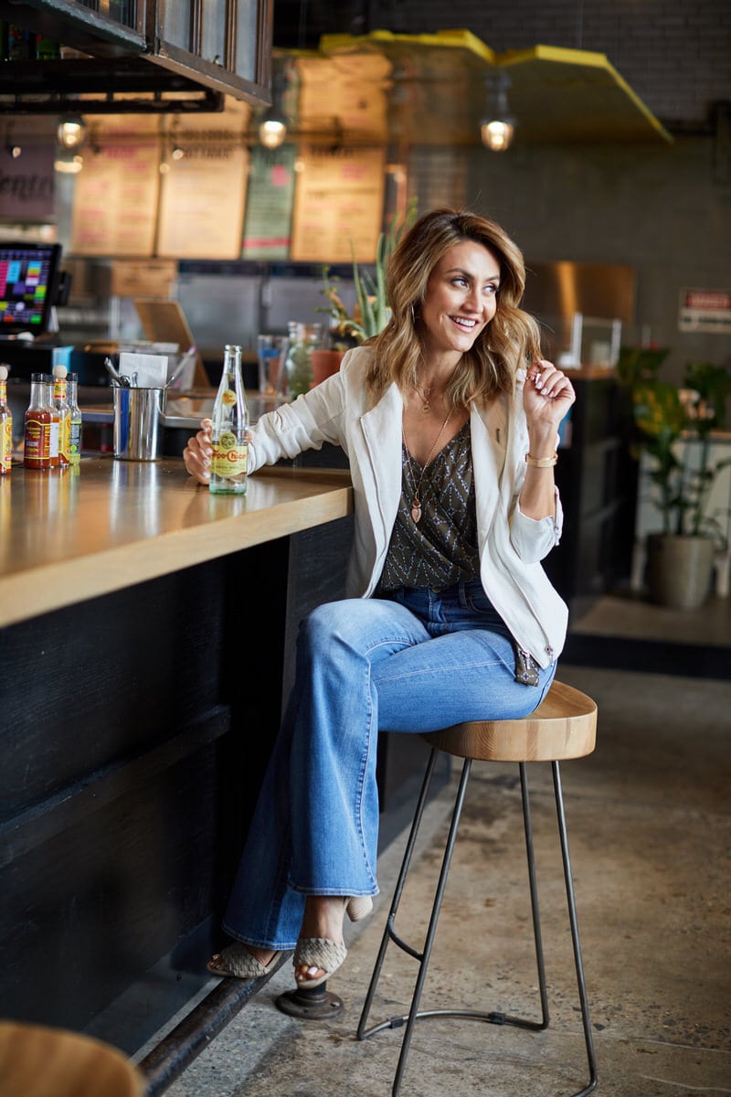 Karina Style Diaries | Evereve | Blank NYC white jacket | Flare jeans