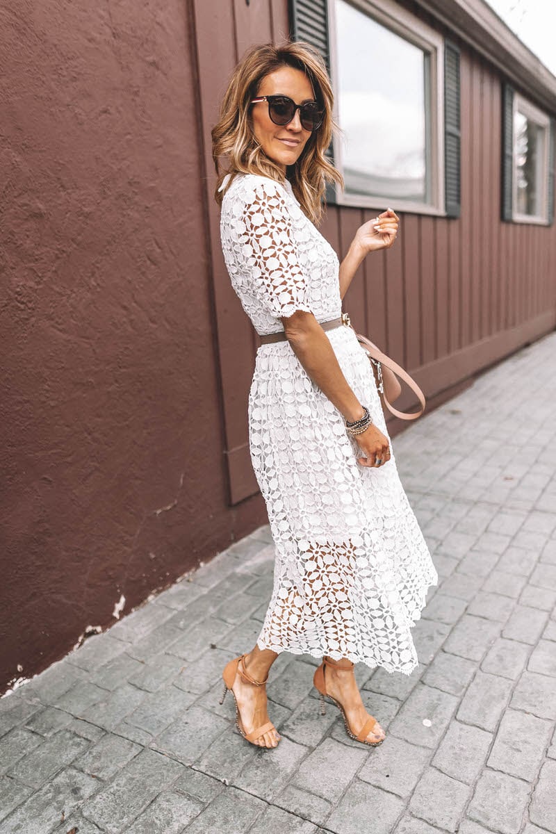 Fashion blogger Karina Reske wearing ChicWish white midi crochet dress | peter pan collar white dress | givenchy antigona small blush | Gucci round sunglasses | gucci skinny belt taupe | easter outfit idea