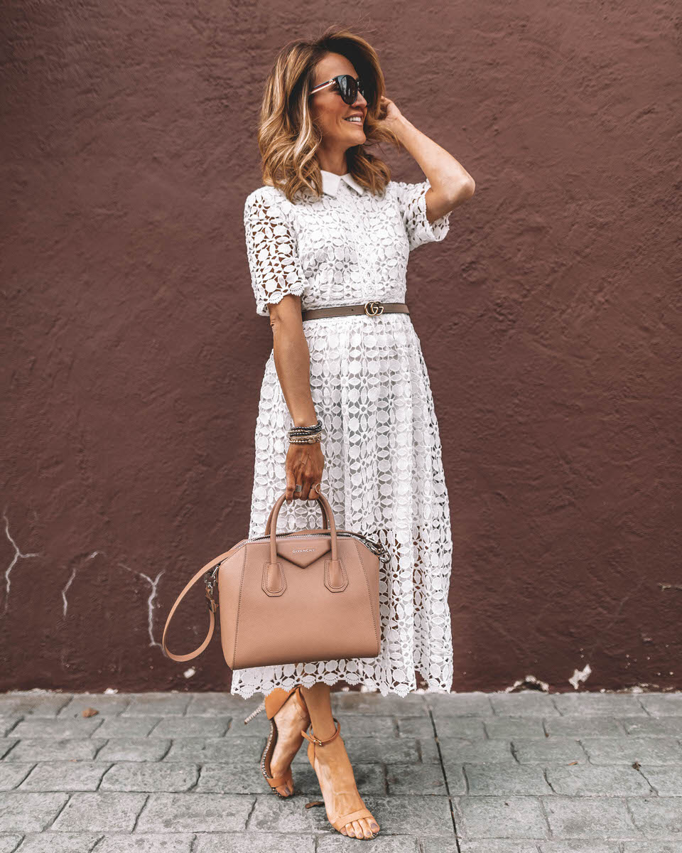 Fashion blogger Karina Reske wearing ChicWish white midi crochet dress | peter pan collar white dress | givenchy antigona small blush | Gucci round sunglasses | gucci skinny belt taupe | easter outfit idea