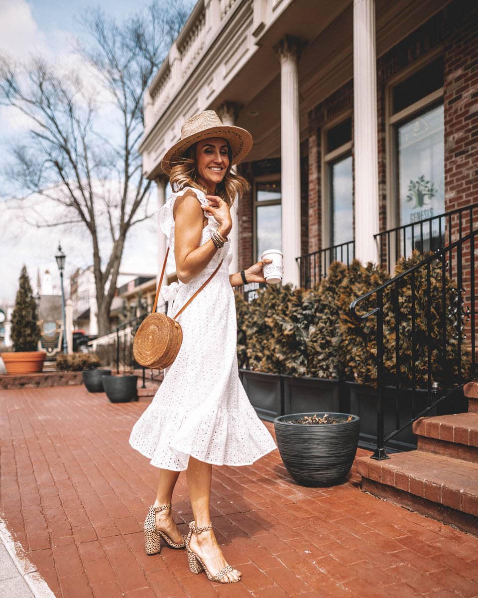 Fashion Blogger Katrina Reske | white eyelet dress | ruffle eyelet dress | deep neck | ruffle hem and sleeves | Straw hat | circle basquet bag | leopard printed heels | layered necklace