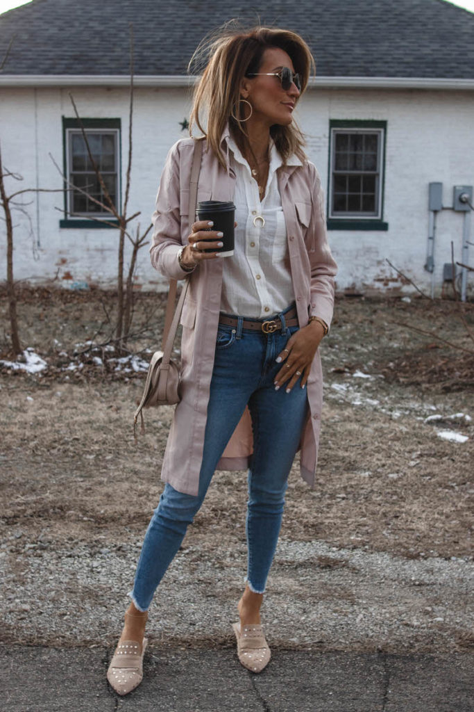 Fashion Blogger Karina Reske | white button up look | skinny raw hem jeans | spring transition outfit | Kristen Cavalari studded pointy blush loafers | Gucci skinny belt | BB Dakota Blush trench coat designer hangbag collection