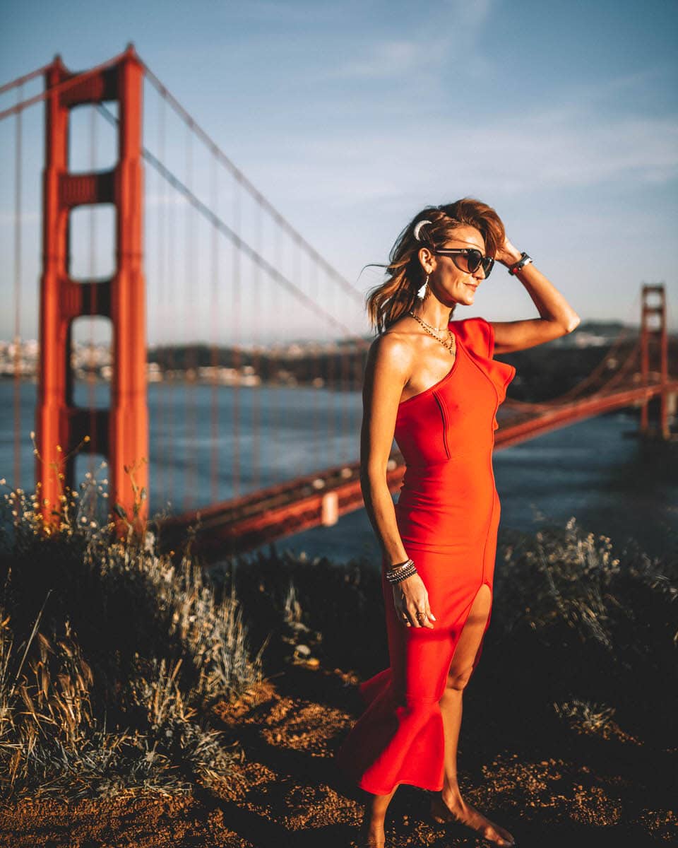 Karina Reske | one shoulder red dress | golden gate | san Francisco | golden hour