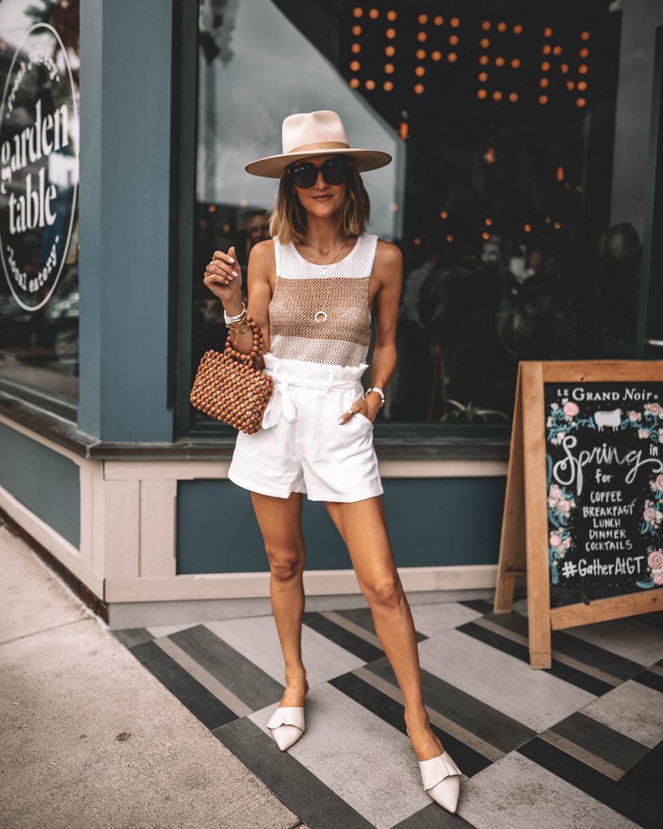 Karina Style Diaries | white high waisted shorts | crochet striped tank top | racher felt hat lack of colors | wooden beads handbag | ruffle pointy toe cream shoe