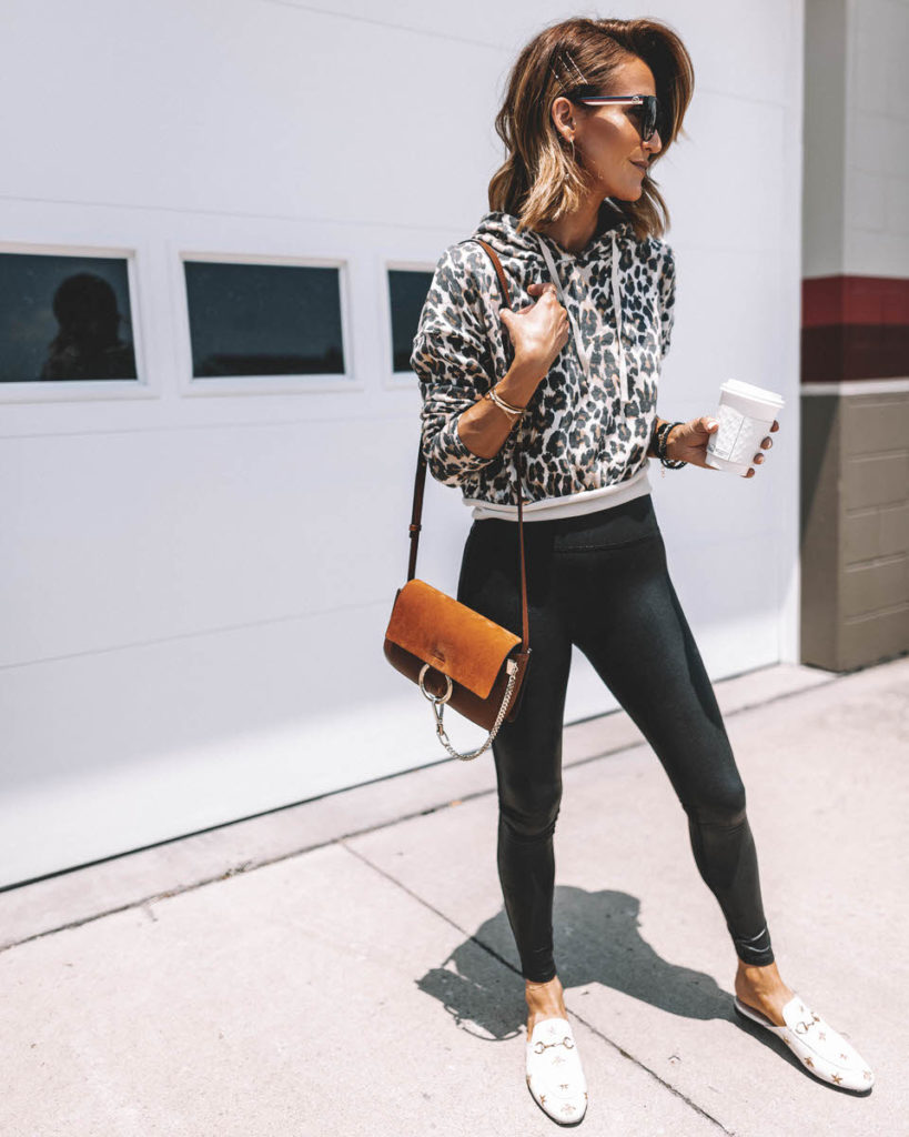 Karina Style Diaries wearing spanx faux leather leggings leopard print hoodie chloe faye crossody gucci princetown loafers