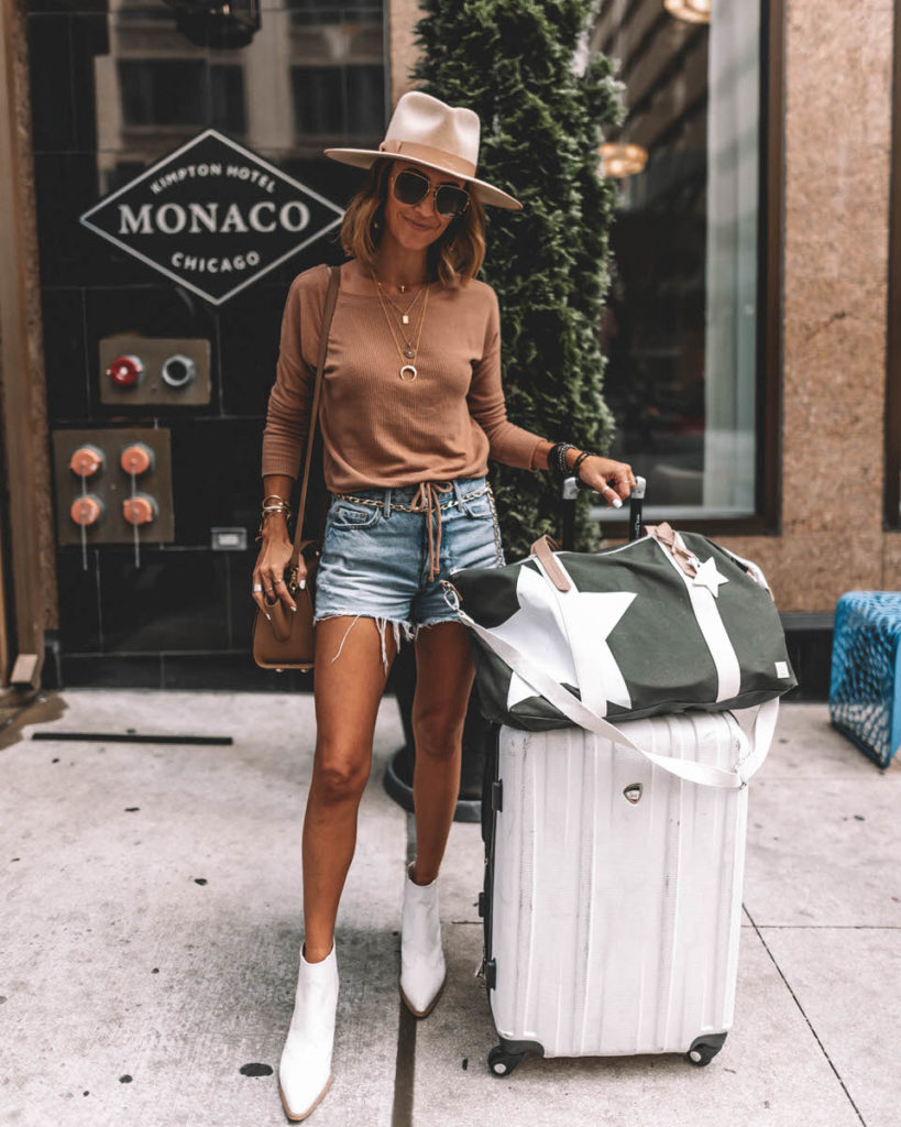 Fashion Blogger Karina Style Diaries wears GRLFRND shorts white western booties ivory rancher hat tan long sleeve cotton tee walmart star duffle bag