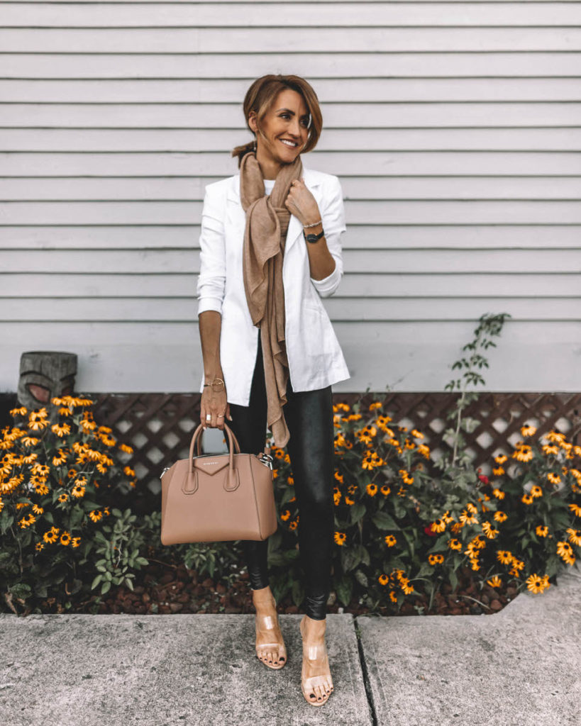 Karina Style Diaries wearing spanx faux leather leggings white blazer cashmere scarf clear vinyl heels givenchy antigona handbag