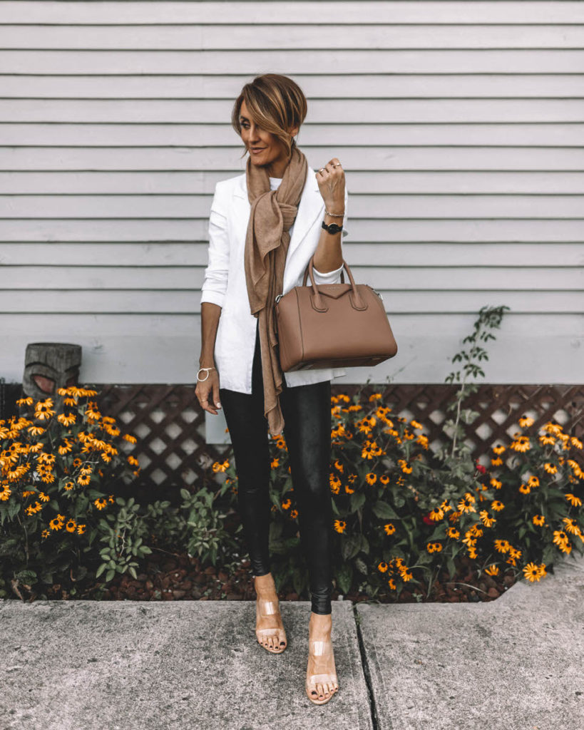 Karina Style Diaries wearing spanx faux leather leggings white blazer cashmere scarf clear vinyl heels givenchy antigona handbag