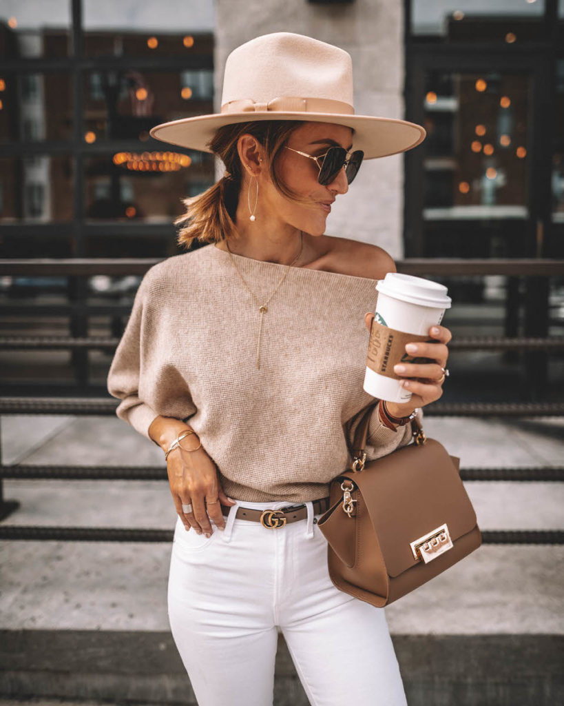 Karina Style Diaries wearing white skinny jeans chic outfit idea lack of color rancher hat suqre sunglasses zac posen eartha bag off the shoulder sweater gucci princetown bumble bee loafers