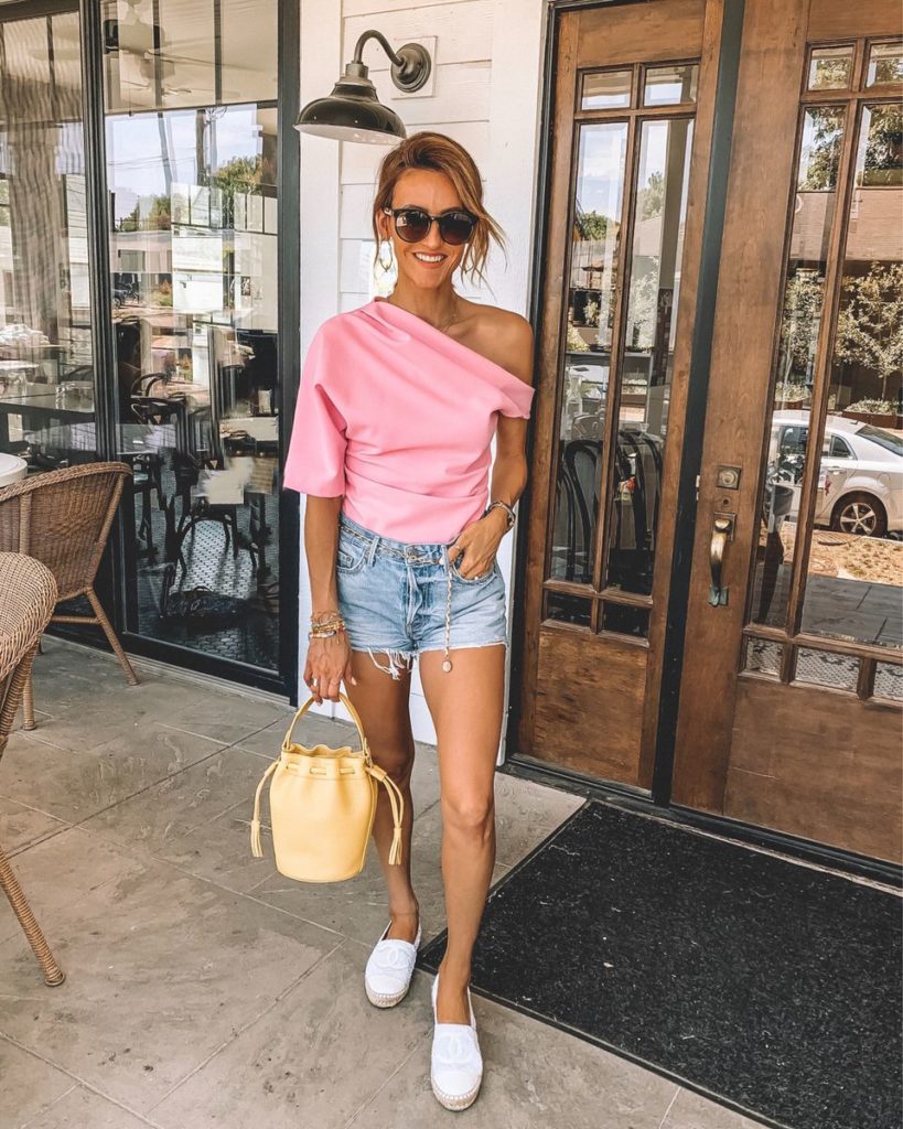 Karina Style Diaries pink one shoulder top white chanel espadrilles yellow gig new york bucket bag