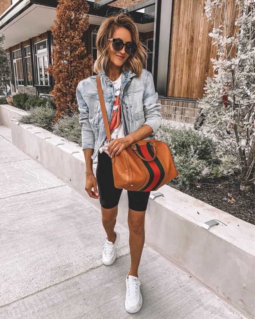 Karina Style Diaries wearing biker shorts rolling stones tee denim jacket gicci vintage bag white sneakers