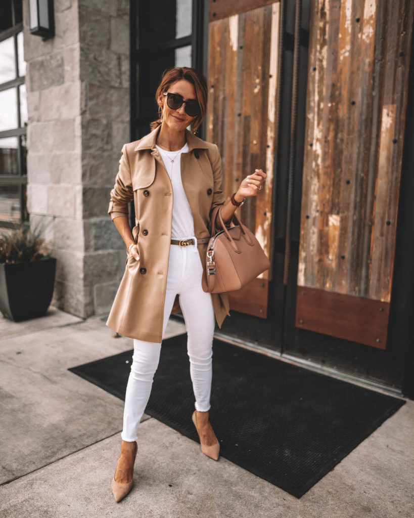 Karina Style Diaries all white look tan trench coat outfit givenchy antigona blush small