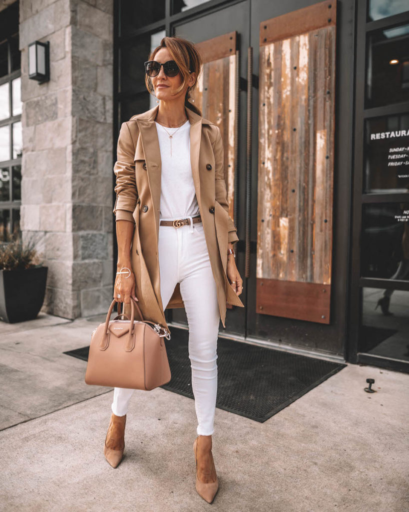 Karina Style Diaries all white look tan trench coat outfit givenchy antigona blush small