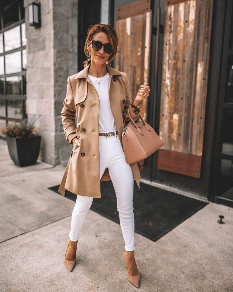 Karina Style Diaries wearing all white outfit tan ttrench coat nude pumps blush small givenchy antigona