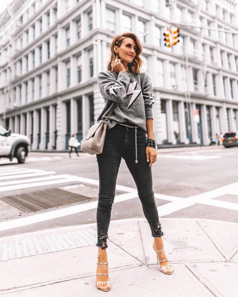 Karina Style Diaries wearing rails lightning bolt cashmere sweater high waist algode skinny jeans heeled sandals chain belt polene chain bag NYFW