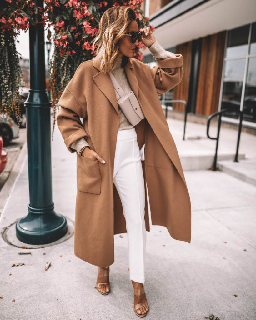 Karina Style Diaires wearing fine-knit beige sweater slacks clar heels oversized camel coat workwear outfit