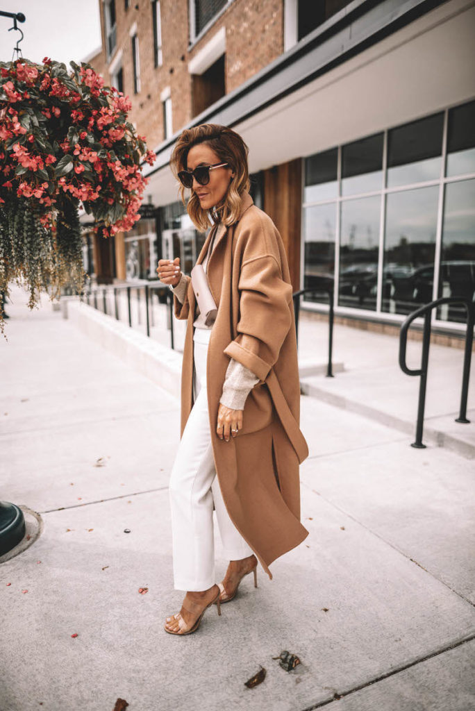 Karina Style Diaires wearing fine-knit beige sweater slacks clar heels oversized camel coat workwear outfit 