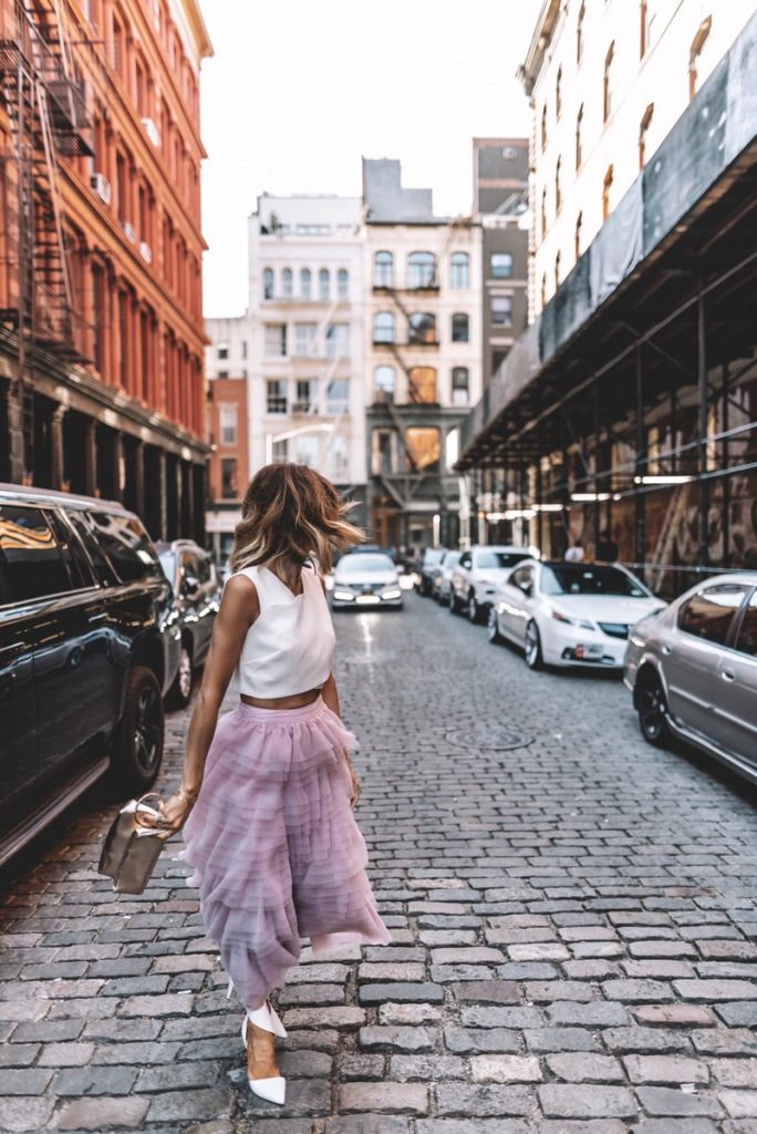 Karina Style Diaries Tule skirt cropped top white pumps NYFW Carrie Bradshaw inspired outfit