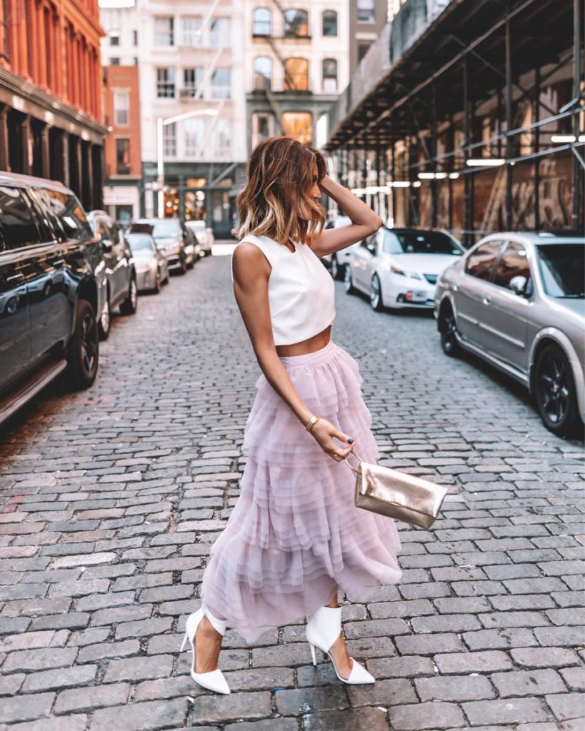 Karina Style Diaries Tule skirt cropped top white pumps NYFW Carrie Bradshaw inspired outfit