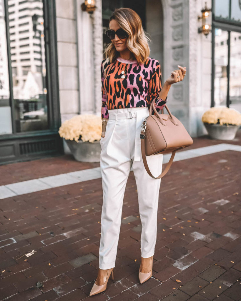 Karina Style Diaries wearing Autumm Cashmere Colorful Leoprad Print sweater high waist pleated pant nude pumps Givenchy Antigona handbag