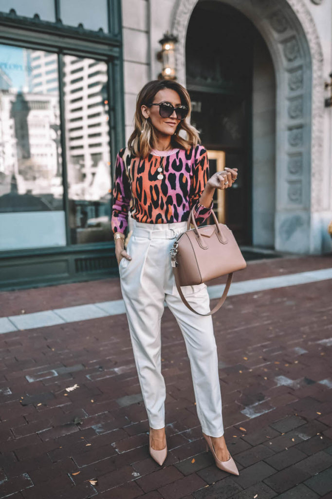 Karina Style Diaries wearing Autumm Cashmere Colorful Leoprad Print sweater high waist pleated pant nude pumps Givenchy Antigona handbag