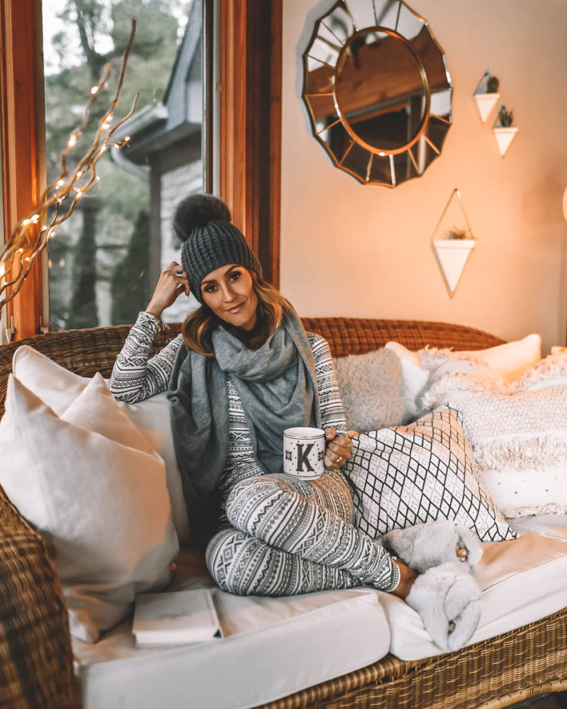 Lifestyle Blogger Karina Reske wearing cozy pj's fuzzy slippers cashmere oversized scarf pom pom beanie beanie outfit