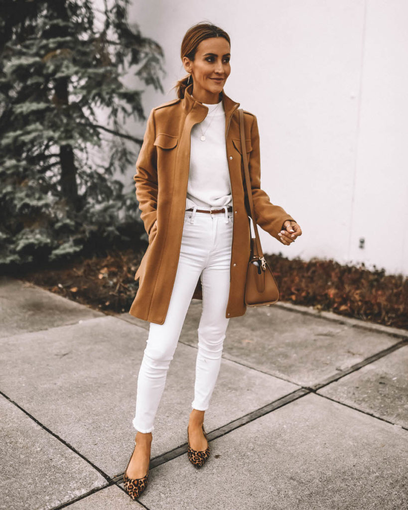 all white outfit and camel