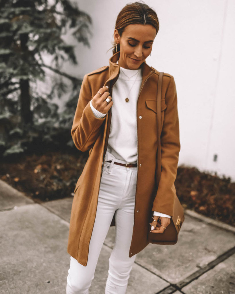 Style Blogger Karina Reske wearing camel coat winter white jeans white sweater