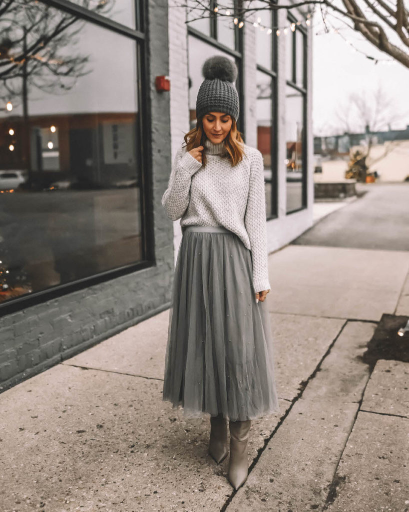 Karina Style Diaries all grey outfit tulle maxi grey skirt turtleneck pompom hat