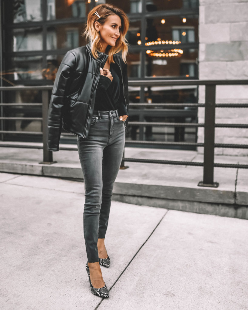 Karina Style Diaries wearing all black puffer leather coat