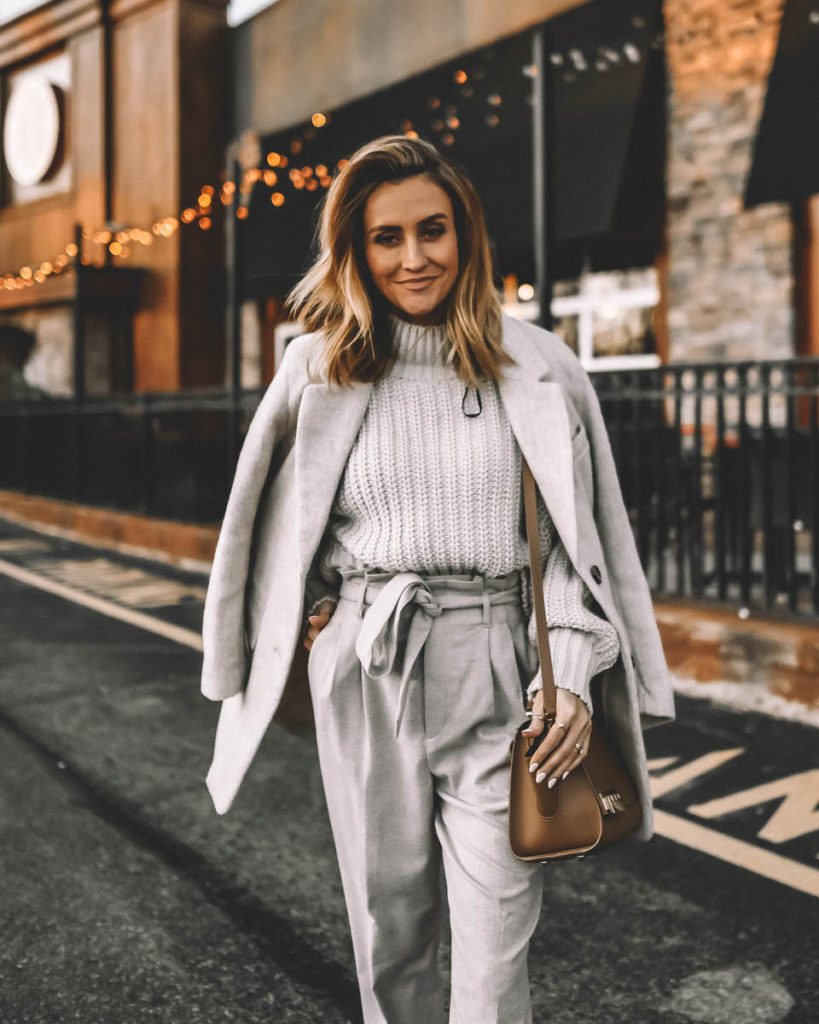 Karina style diaries wearing light grey outfit oversized sweater winter style