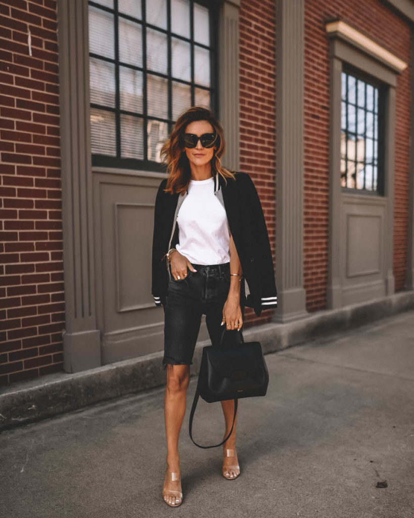 Karina Style Diaries wearing long bermuda jeans white tee varsity cuff black blazer street style 