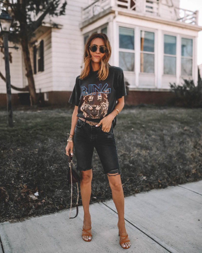 Karina Style Diaries wearing Anine Bing Tee bermuda jeans starppy heels Polene Paris numero sept bag gucci belt street style