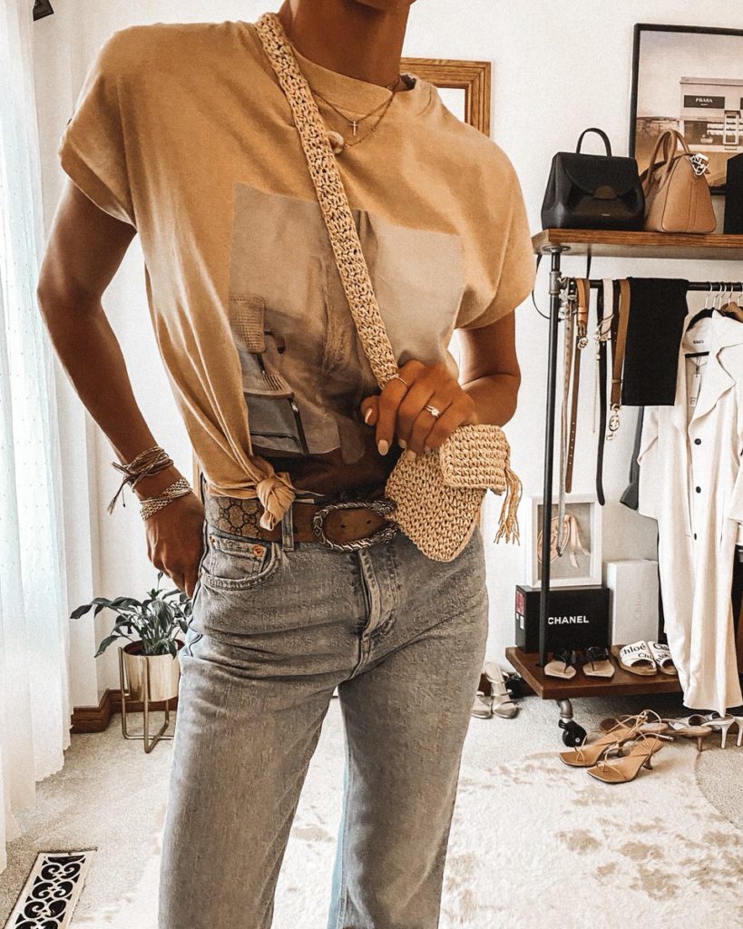 Karina Style Diaries wearing beige grapgic tee high waisted straigh leg jeans Gucci Dionysus grey belt straw belt bag casual chic style