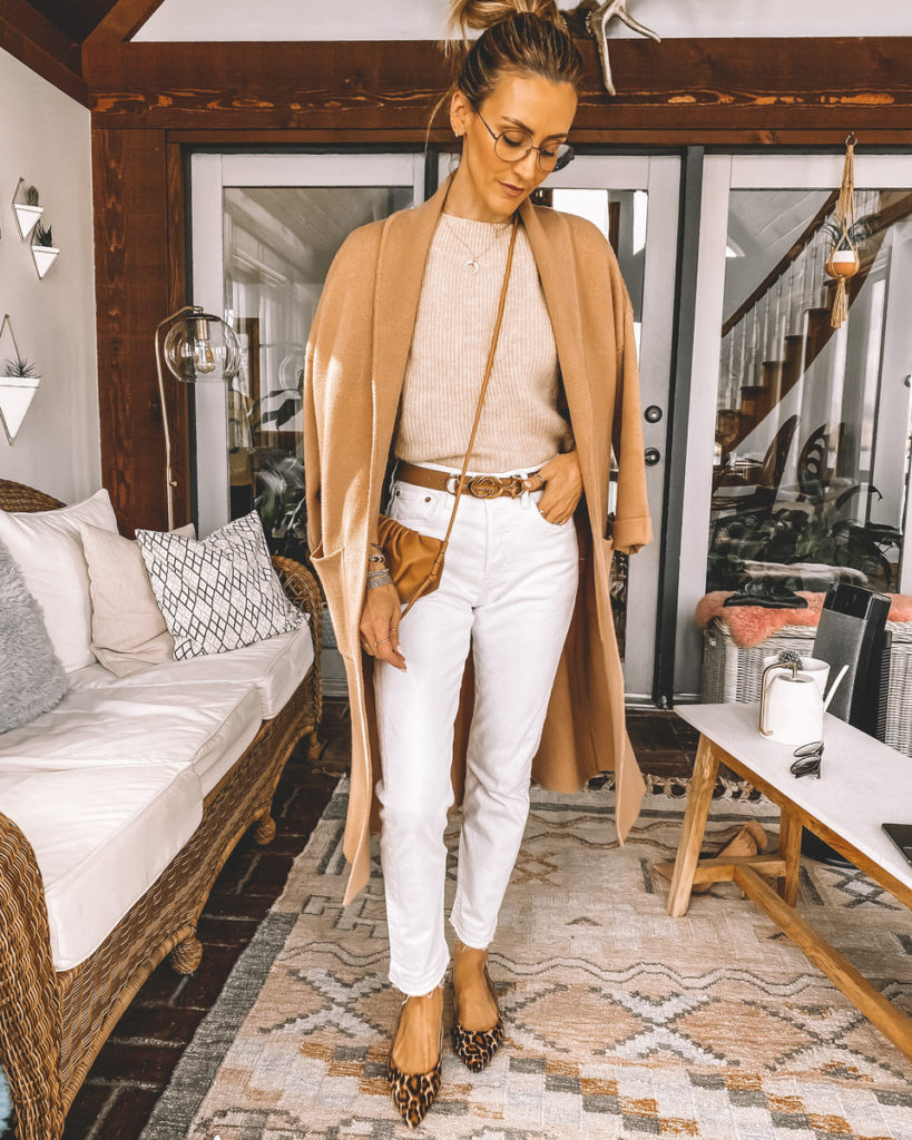 Karina Style Diaries wearing cozy sweater coat levi's 501 cream tan sweater gucci horsebit belt camel crossbody bag cheetah print flats round glasses