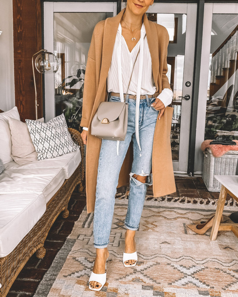 Karina Style Diaries wearing sweater coat white pleated chiffon blouse gucci belt Polene Paris bag levi's 501 white bottega venetta dupe mules 
