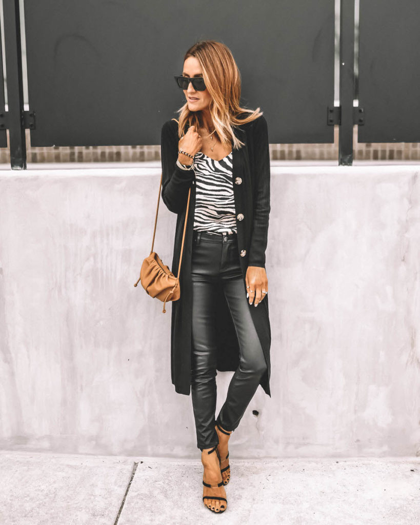 Karina Style Diaries wearing zabra cami long cardigan began leather trousers camel bag
