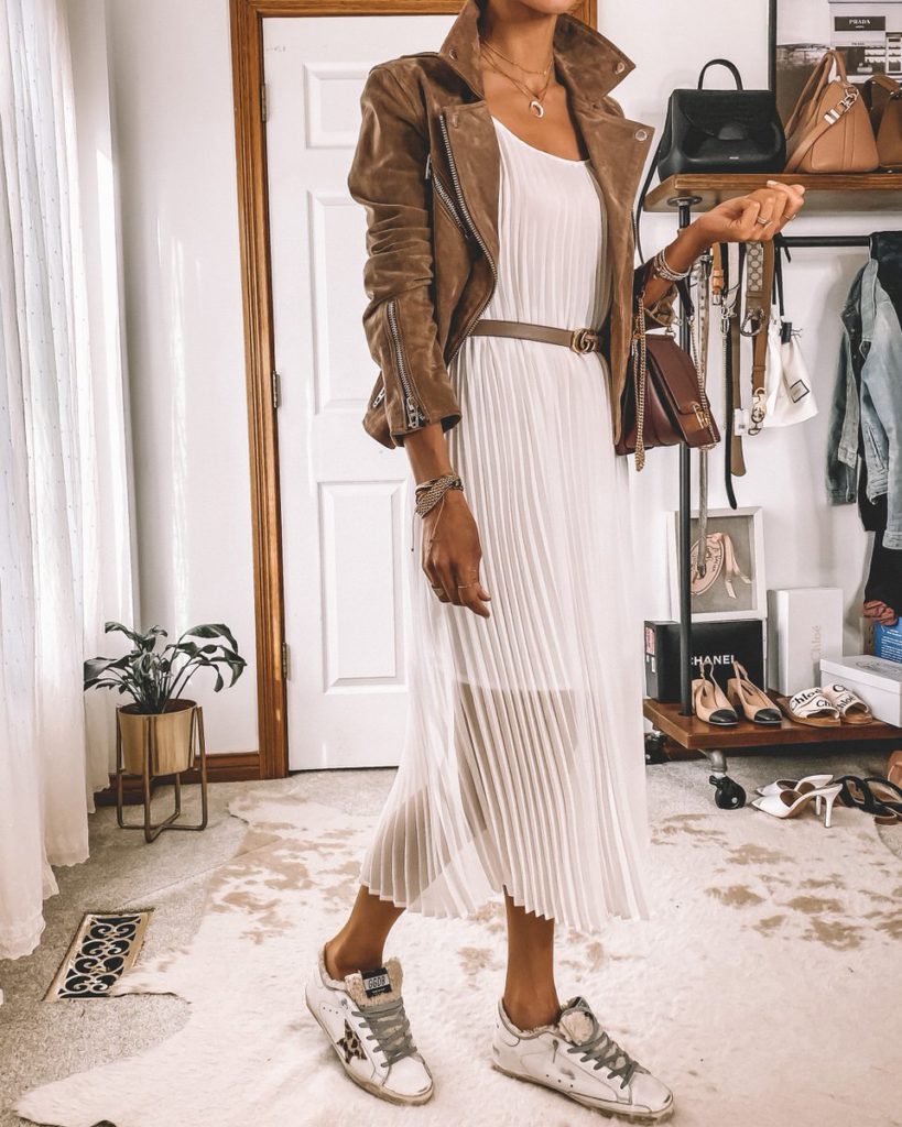 Karina Style Diaries wearing white dress suede moto jacket sheepskin golden goose sneakers