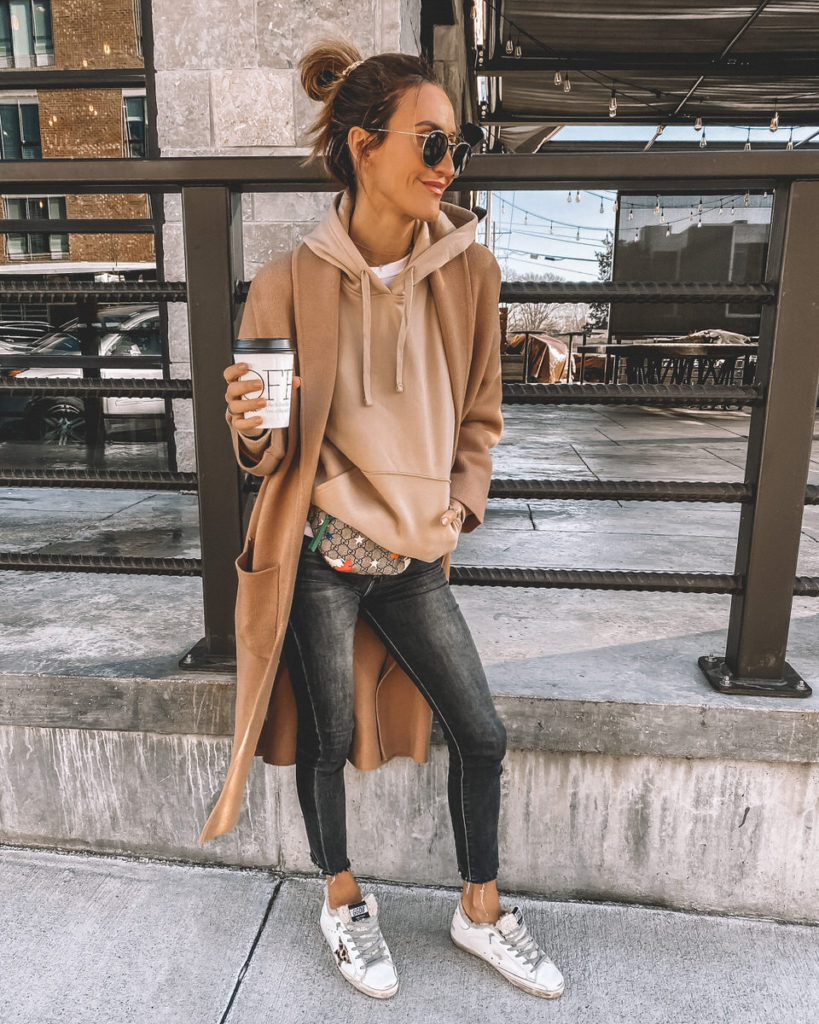 Karina Style Diaries wearing hoodie sweater coat gucci belt bag 