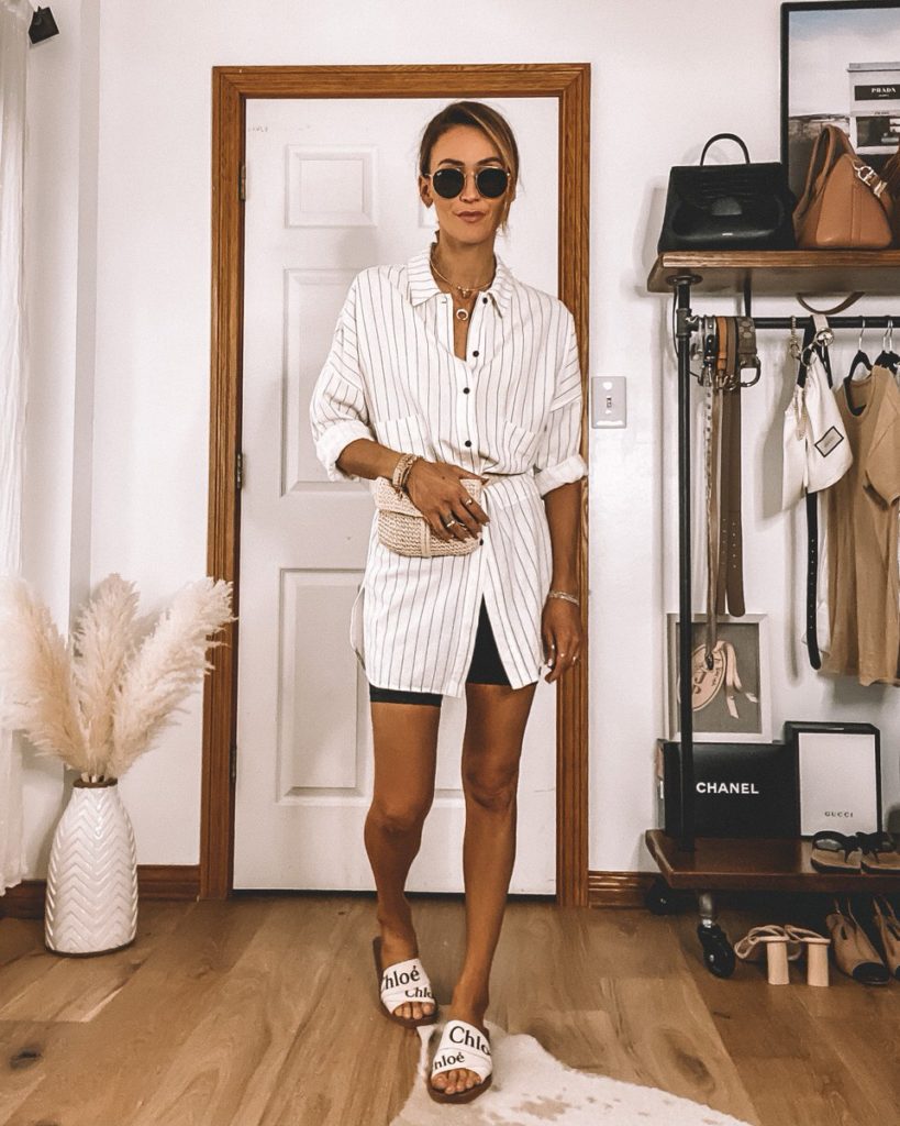 Karina Style Diaries wearing pin stripe shirt dress biker shorts summer chic style