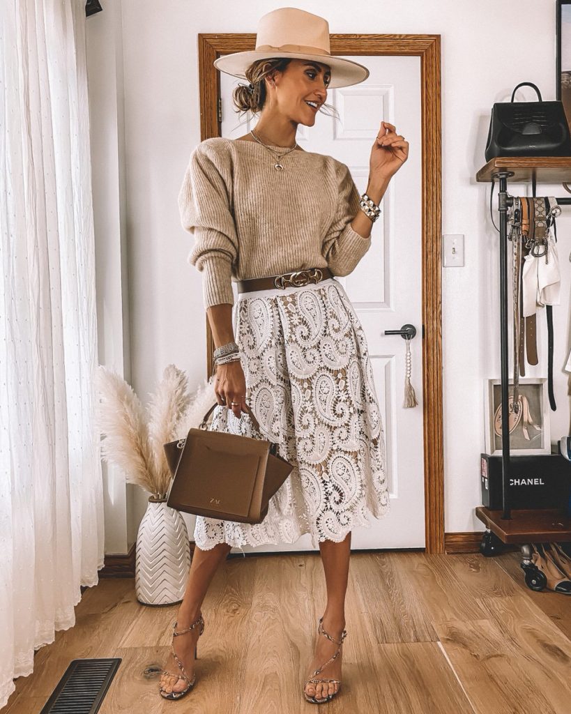 white ace skirt tan sweater Gucci tan belt summer chic outfit