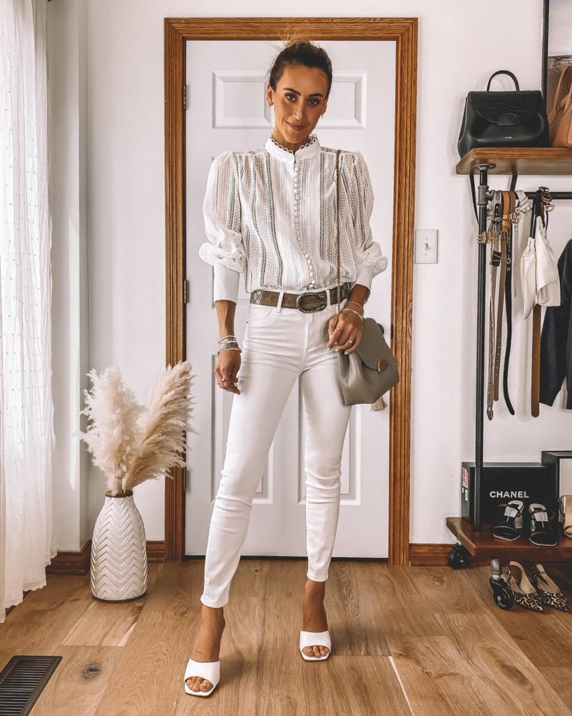 All white outfit chic spring style Gucci dionysus belt lace shirt