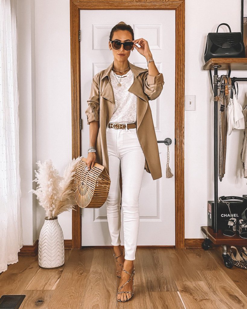 All white outfit trench coat chic neutral outfit